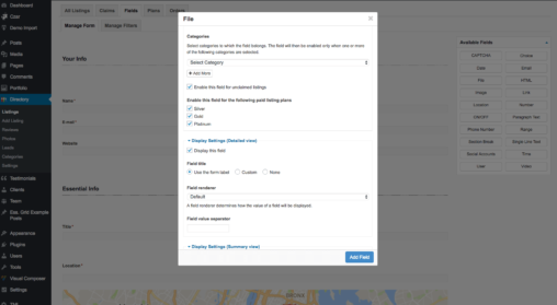 File Upload Custom Field Category And Display Based Settings